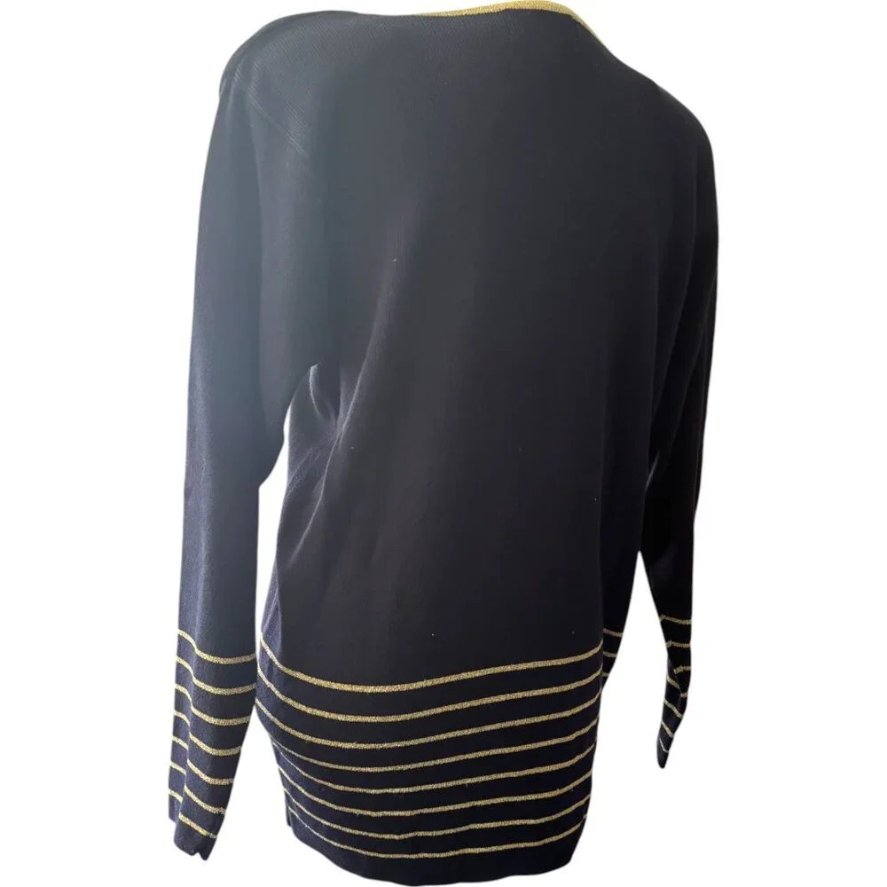 Casual Corner Vintage Nautical Anchor Crest Sweater Black Gold Metallic Womens M